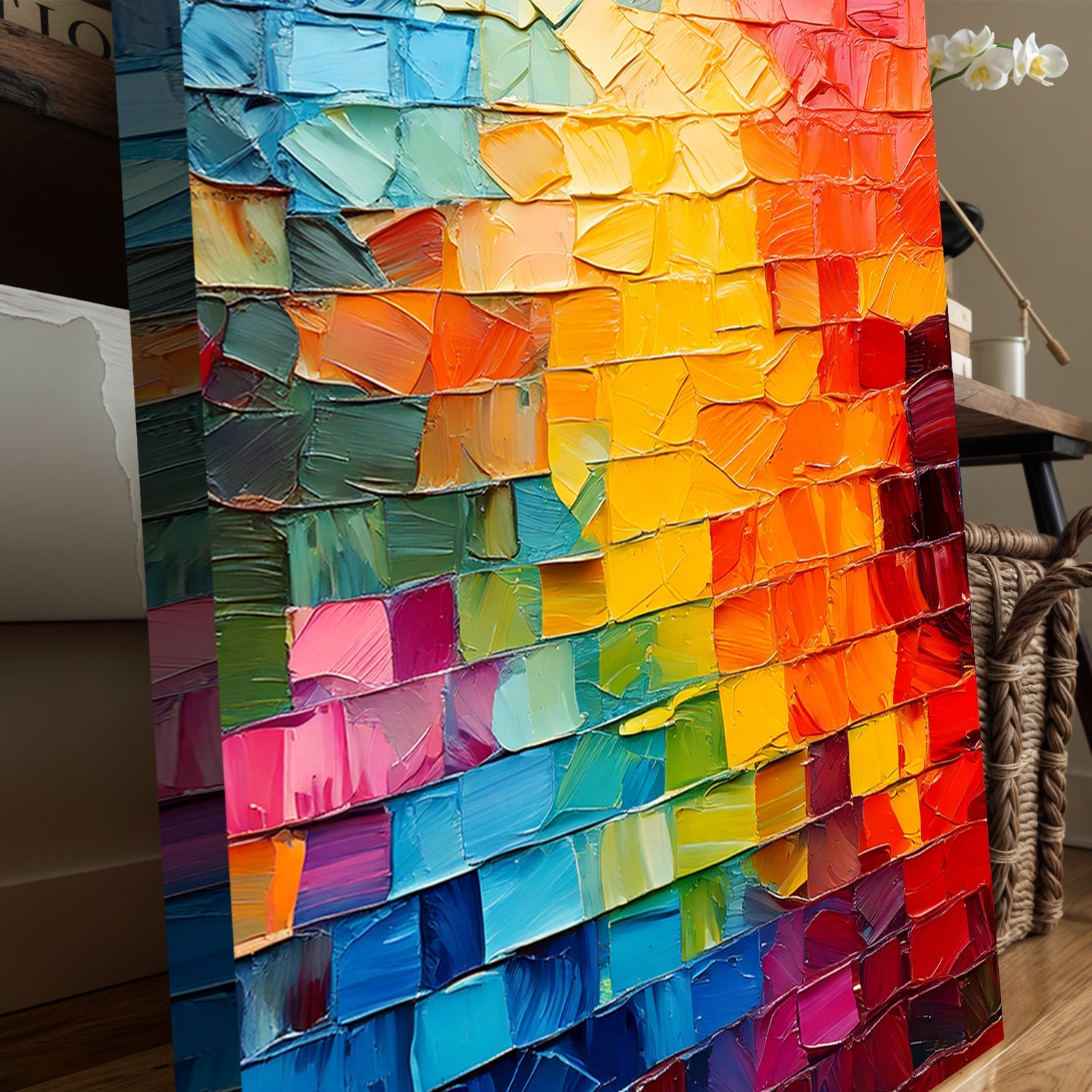 Spectrum Mosaic Wall Art canvas with a rainbow of textured color blocks in an impasto mosaic on Tampa Home & Garden Store