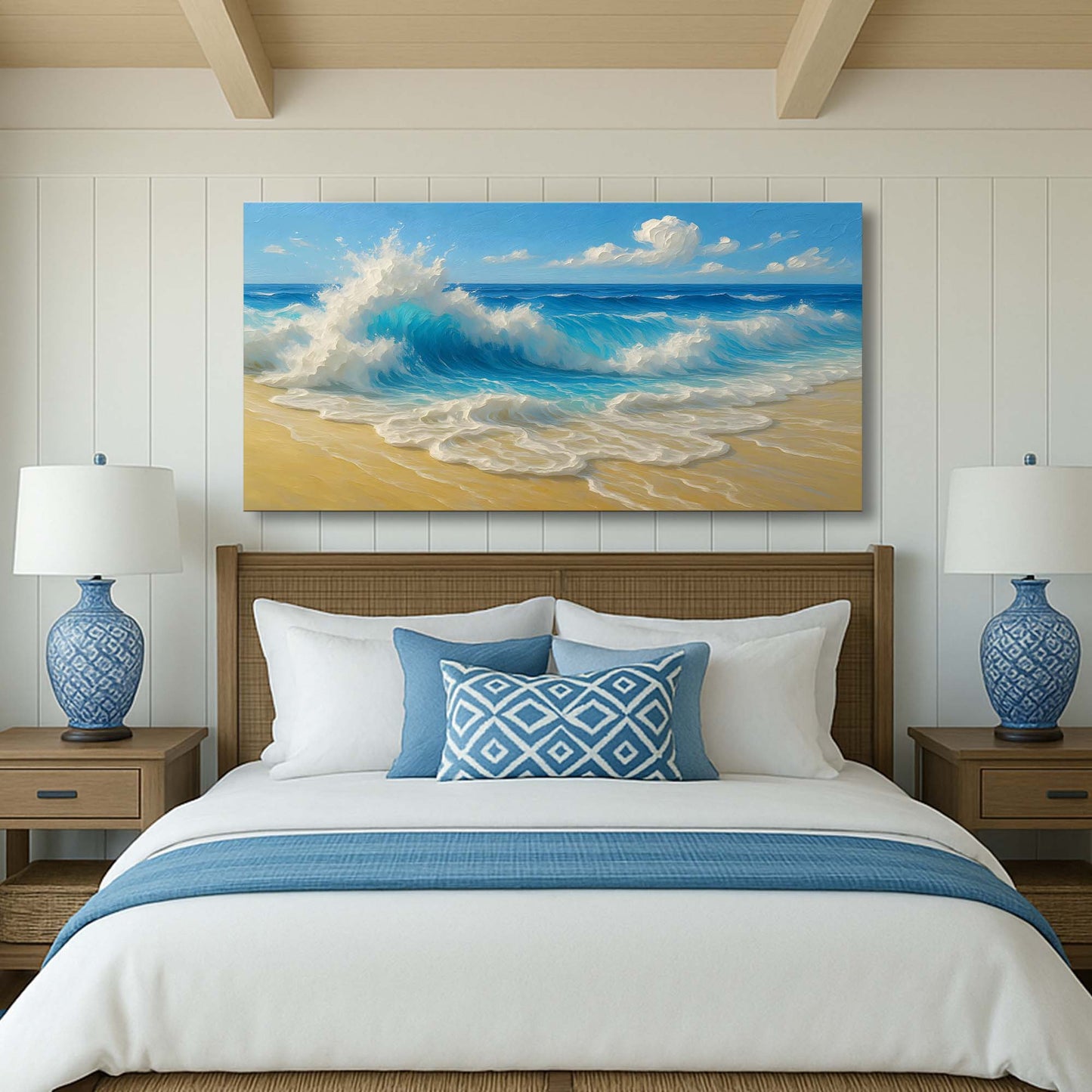 Serene Ocean Wave V canvas coastal wall art Tailored Canvases with blue waves on sandy shore on Tampa Home & Garden Store