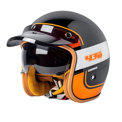 The Street King vintage open-face helmet by BikerZoneZ, black/orange with white stripe and leather trim on Tampa Home & Garden Store