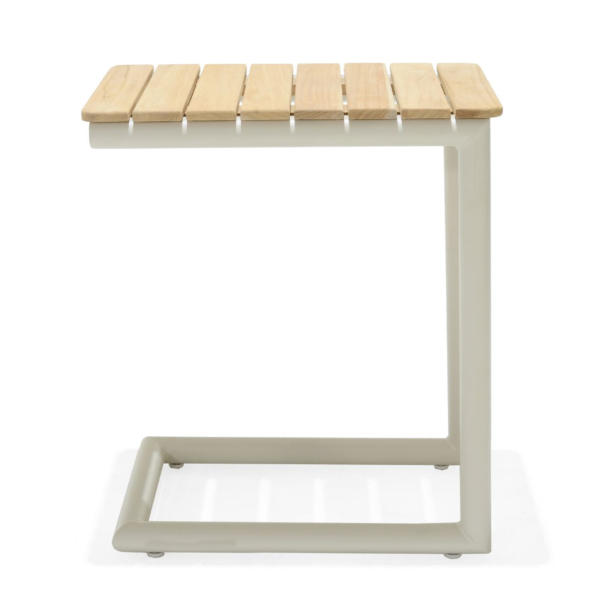 Portals Light C-Shape Side Table with natural wood slats on a metal frame by LifestyleGarden US on Tampa Home & Garden Store