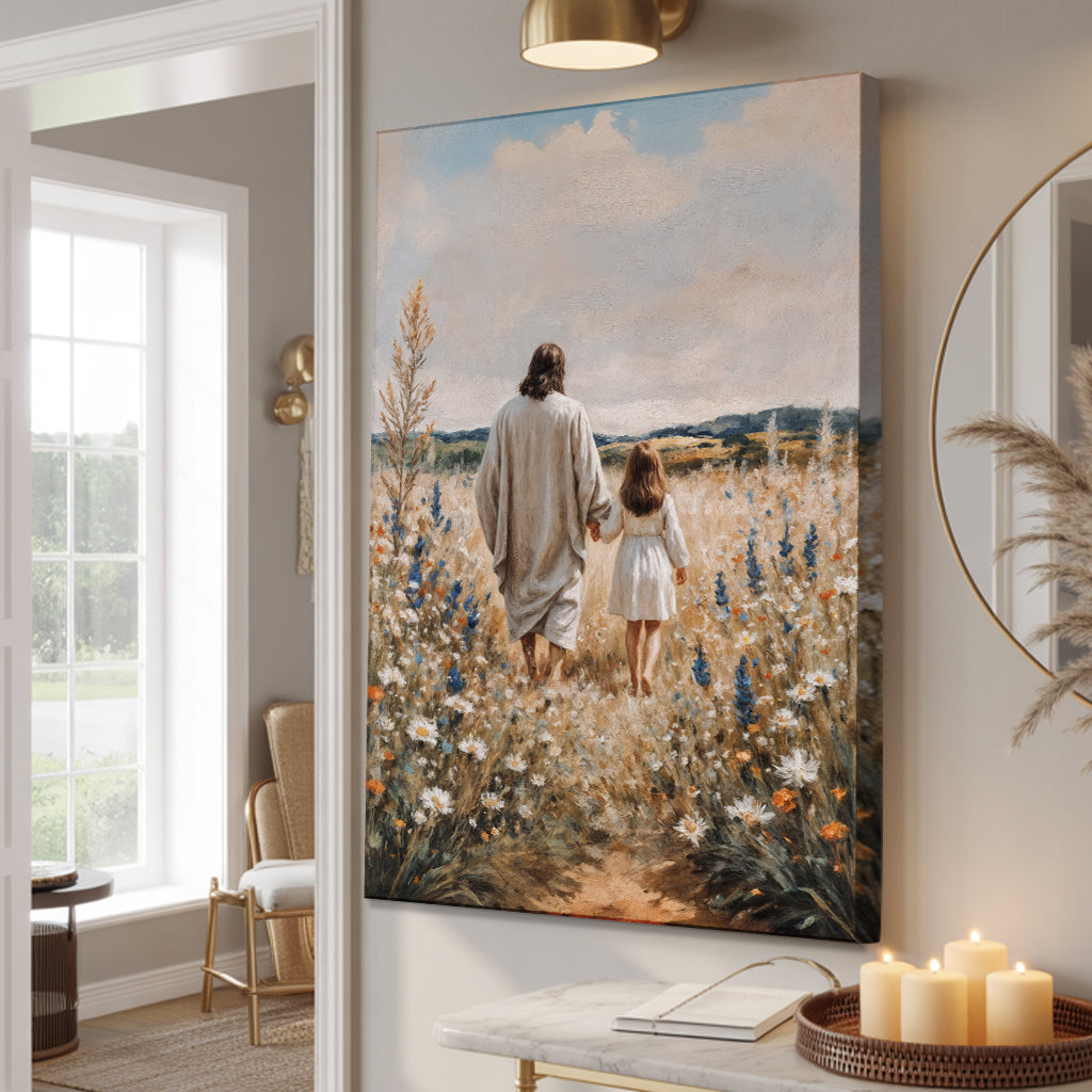 Canvas Steps of Faith wall art; beige-robed adult and white-dressed child in a field on Tampa Home & Garden Store