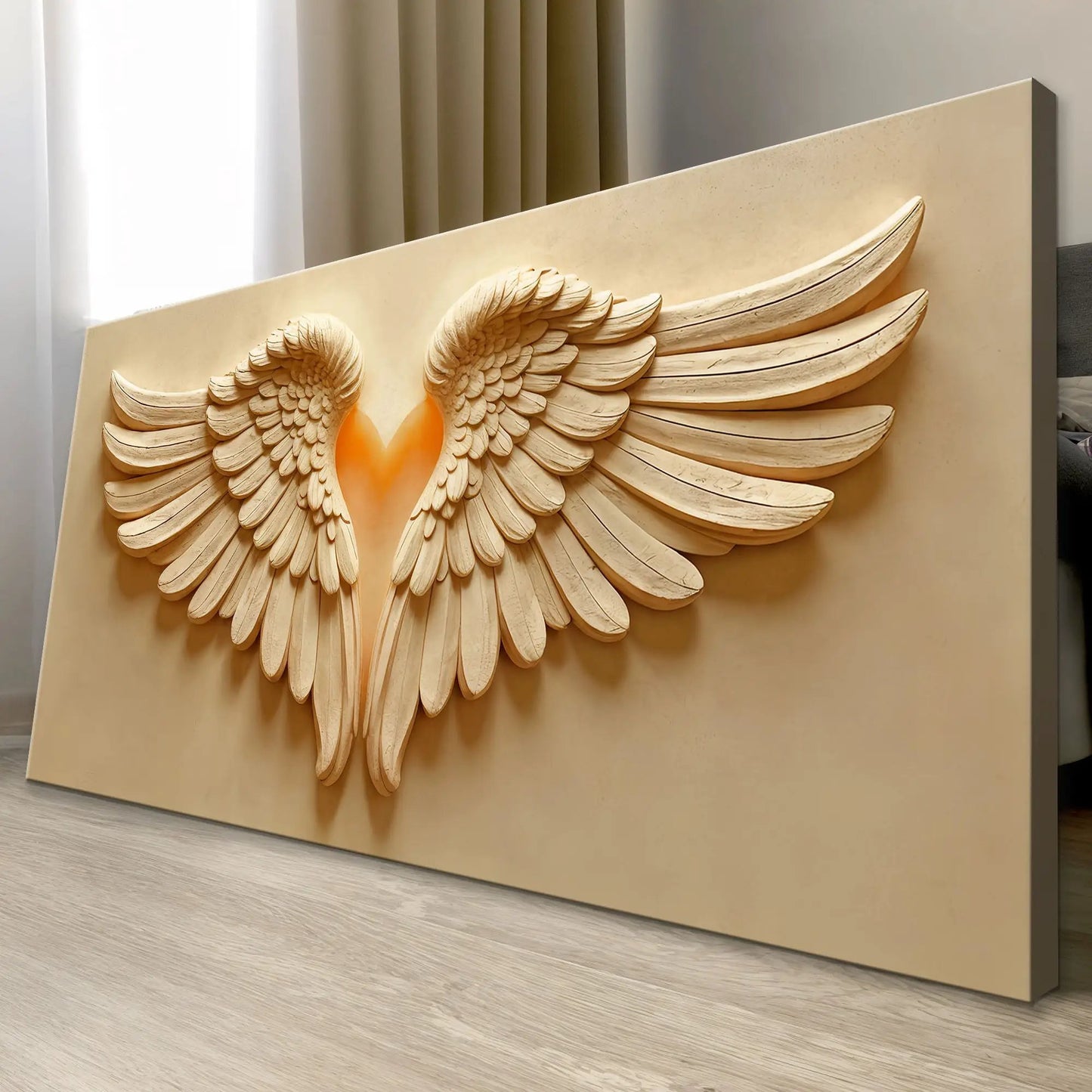 Wings Of Devotion wall art canvas with carved feather wings in beige Tailored Canvases on Tampa Home & Garden Store