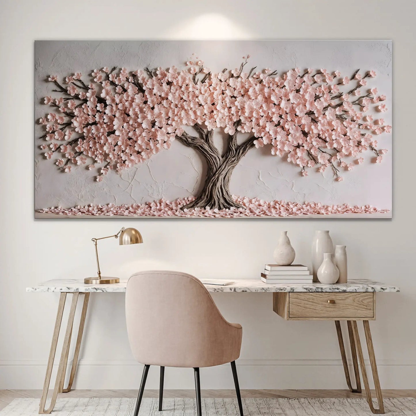 Blush Blossom Wall Art canvas by Tailored Canvases with pink blossoms on gray backdrop on Tampa Home & Garden Store
