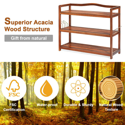 DirectDeals 2-Tier Acacia Wood Shoe Rack with 4 Side Metal Hooks, brown finish on Tampa Home & Garden Store