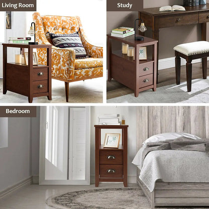 Set of 2 Wooden End Tables with Drawers and Shelf
