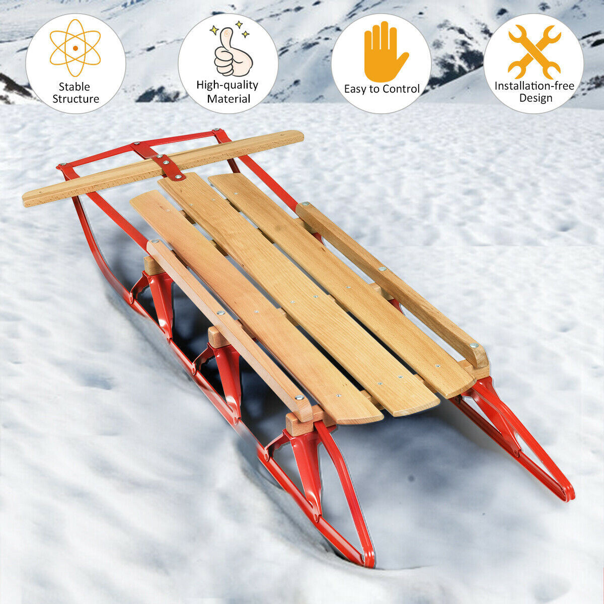 54 Inch Wood Snow Sled with Metal Runners and Steering Bar, red frame, wood slats DirectDeals on Tampa Home & Garden Store