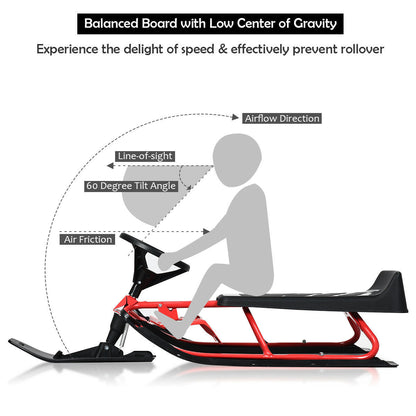 Kids Snow Sled with Steering Wheel, red frame and black seat, double brakes on Tampa Home & Garden Store