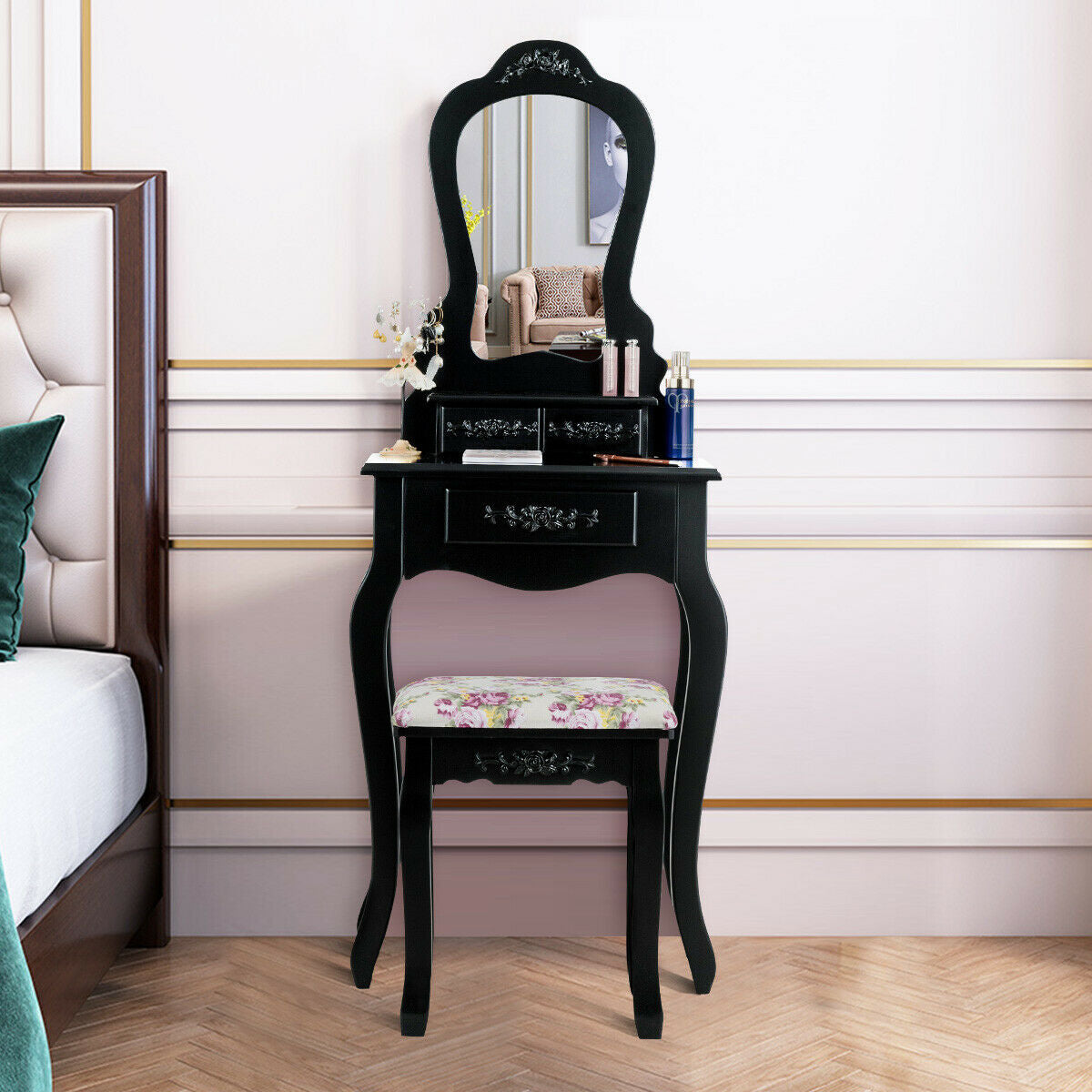 Tocador de Maquillaje y Banco con 3 Cajones y Taburete Acolchado para Niñas-Negro