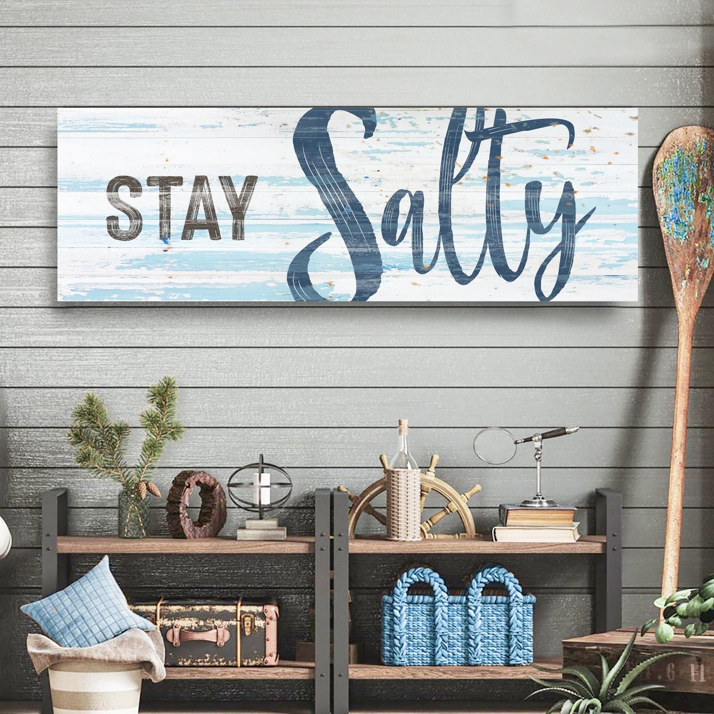 Stay Salty Coastal Sign IX canvas sign on distressed light blue white planks by Tailored Canvases on Tampa Home & Garden Store