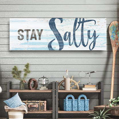Stay Salty Coastal Sign IX canvas sign on distressed light blue white planks by Tailored Canvases on Tampa Home & Garden Store