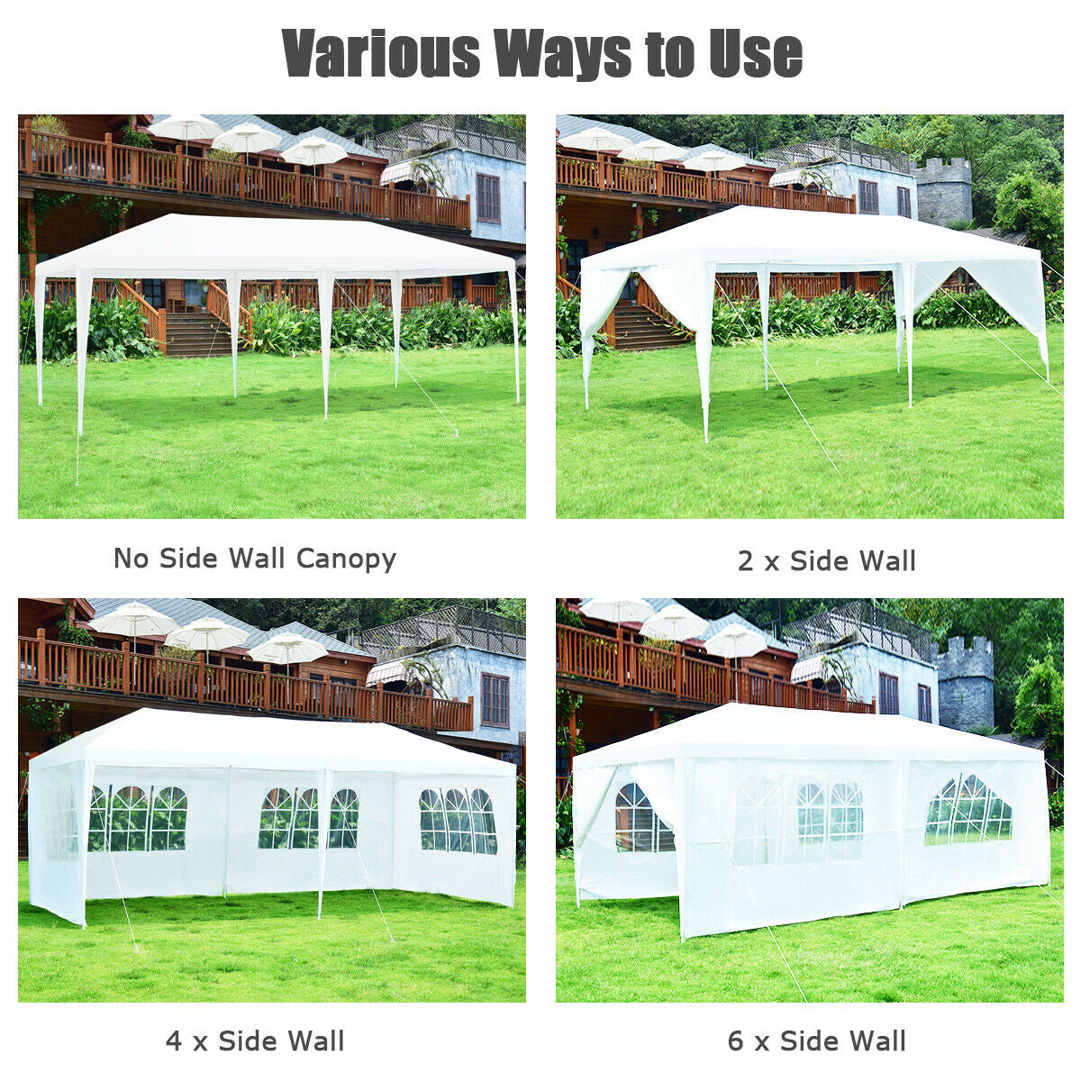 GemGear 10 x 20 ft white canopy tent with carry bag shown with no walls, 2x, 4x, 6x sidewalls on Tampa Home & Garden Store