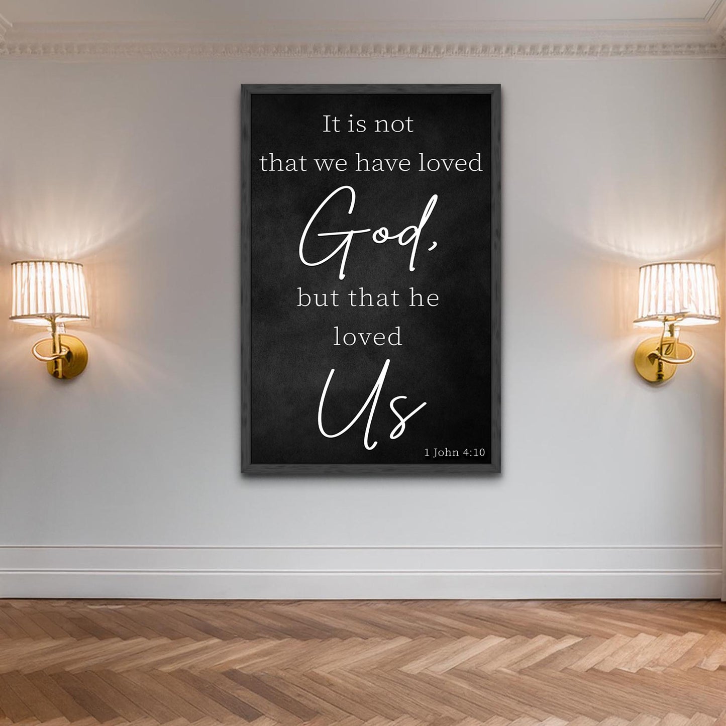 Canvas Faith Sign V, black chalkboard canvas with white John 4:10 text, vertical sign on Tampa Home & Garden Store
