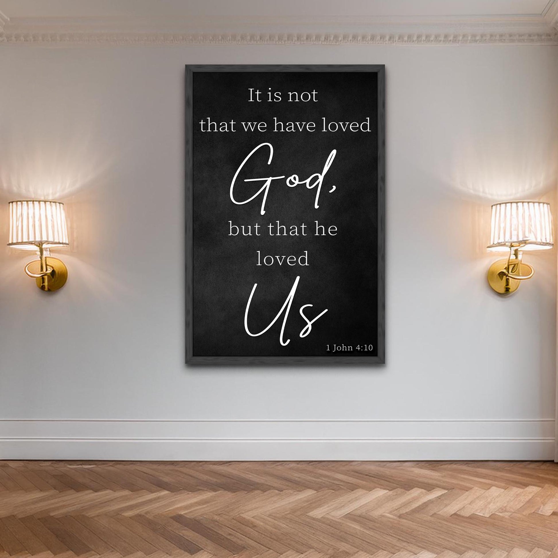 Canvas Faith Sign V, black chalkboard canvas with white John 4:10 text, vertical sign on Tampa Home & Garden Store