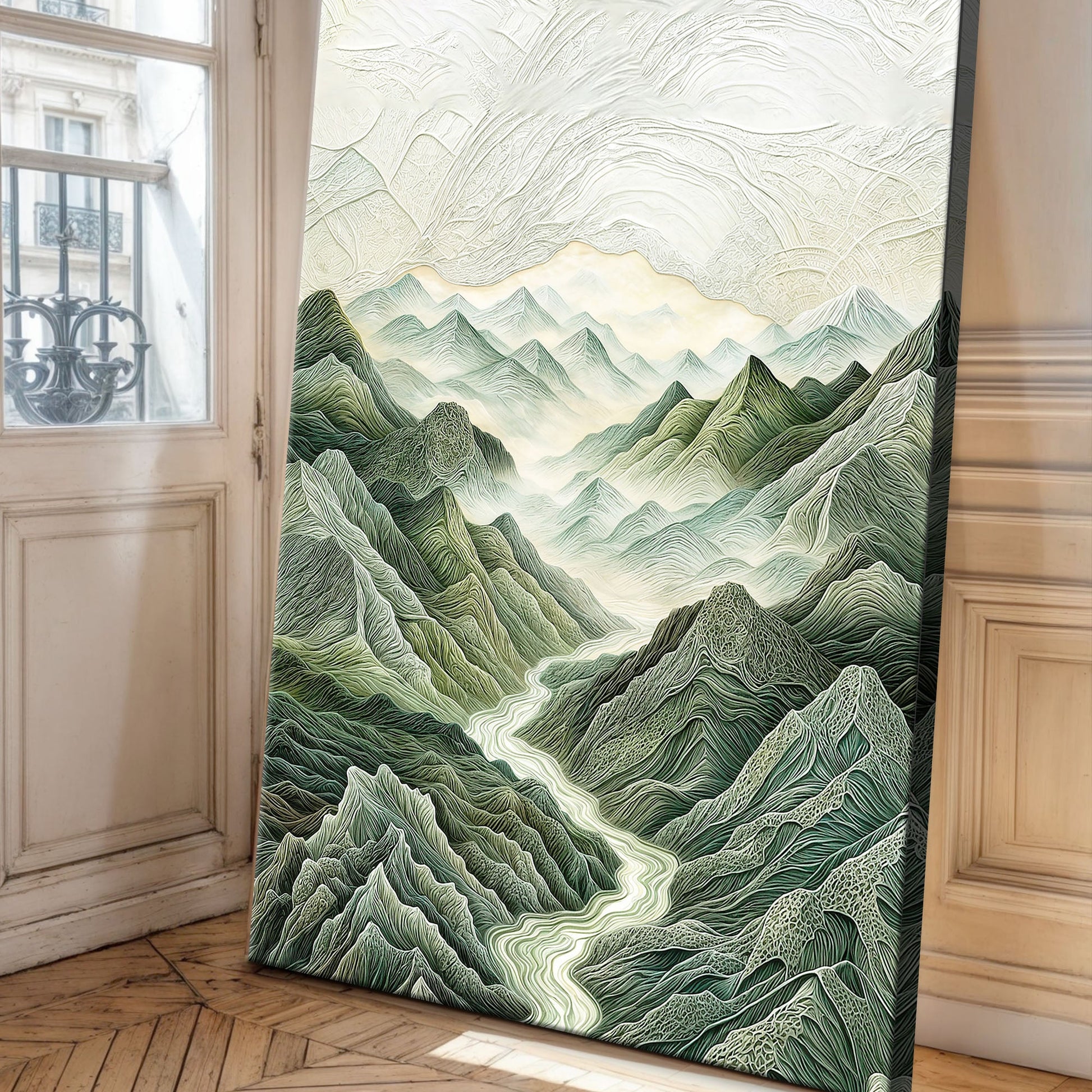 Abstract Mountain and River Landscape Canvas by Tailored Canvases in green tones on Tampa Home & Garden Store