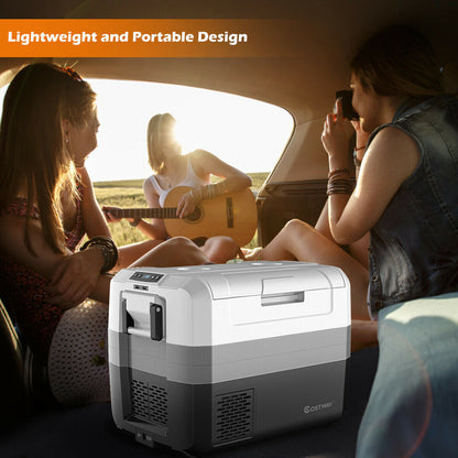 GemGear 58 Quart Portable Electric Camping Car Cooler white and gray in car with friends on Tampa Home & Garden Store