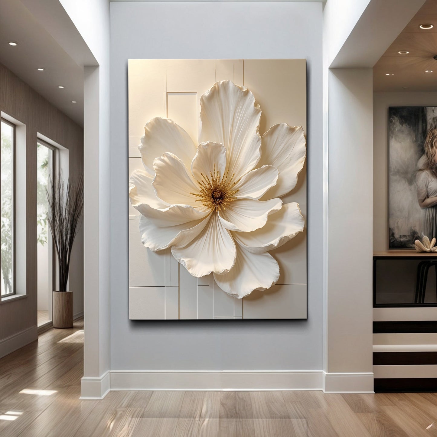 Modern Bloom Essence Wall Art canvas with an oversized white flower on a pale gray panel on Tampa Home & Garden Store