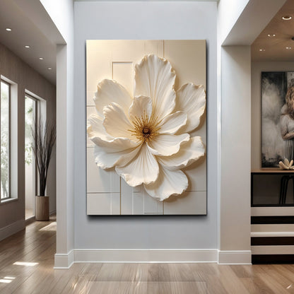 Modern Bloom Essence Wall Art canvas with an oversized white flower on a pale gray panel on Tampa Home & Garden Store