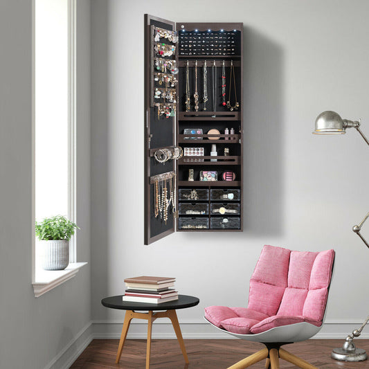 Joyero Espejo de Pared / Colgante de Puerta, 5 LED, Marrón