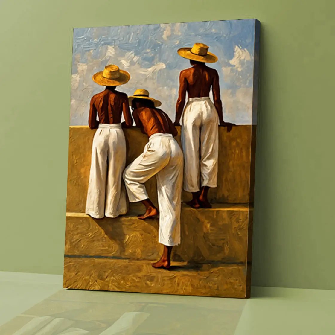 The Summer Watchers Wall Art canvas by Tailored Canvases, three men lean on a wall on Tampa Home & Garden Store