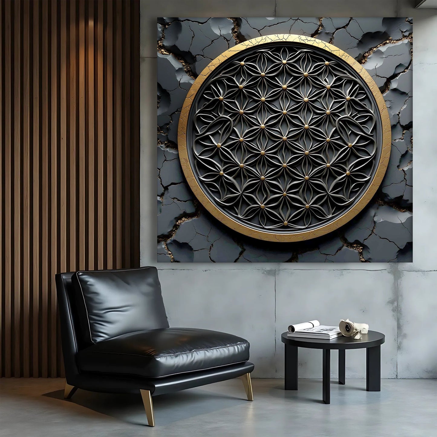 Flower Of Life Wall Art III canvas with black lattice petals and gold ring Tailored Canvases on Tampa Home & Garden Store