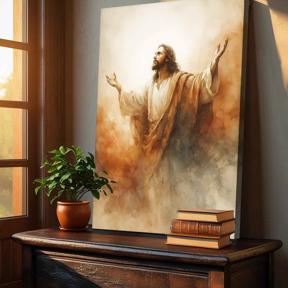 Risen Glory Faith Wall Art canvas depicting Jesus with outstretched arms in warm sepia tones on Tampa Home & Garden Store
