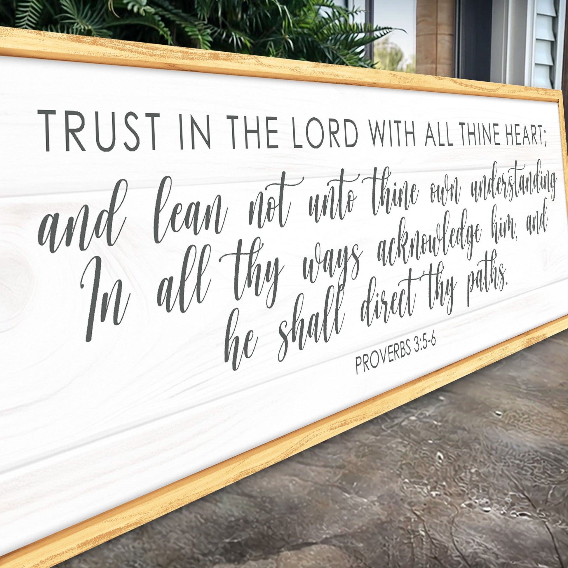 Proverbs 3:5-6 faith sign canvas with wood frame on white surface and script typography on Tampa Home & Garden Store