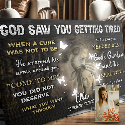 Personalized God Saw You Getting Tired memorial canvas with white and gold text on Tampa Home & Garden Store