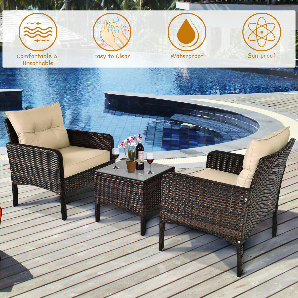 Juego de 3 piezas de conversación para patio exterior de ratán con cojines de asiento - Beige