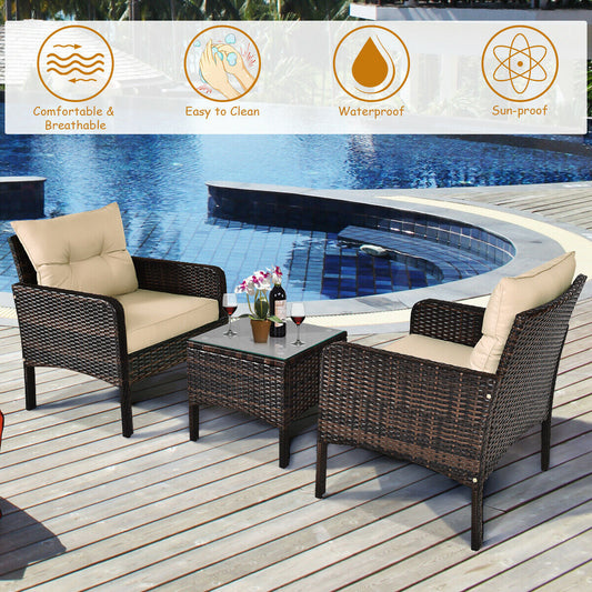3 Pieces Outdoor Patio Rattan Conversation Set with Seat Cushions-Beige - Tampa Home & Garden Store