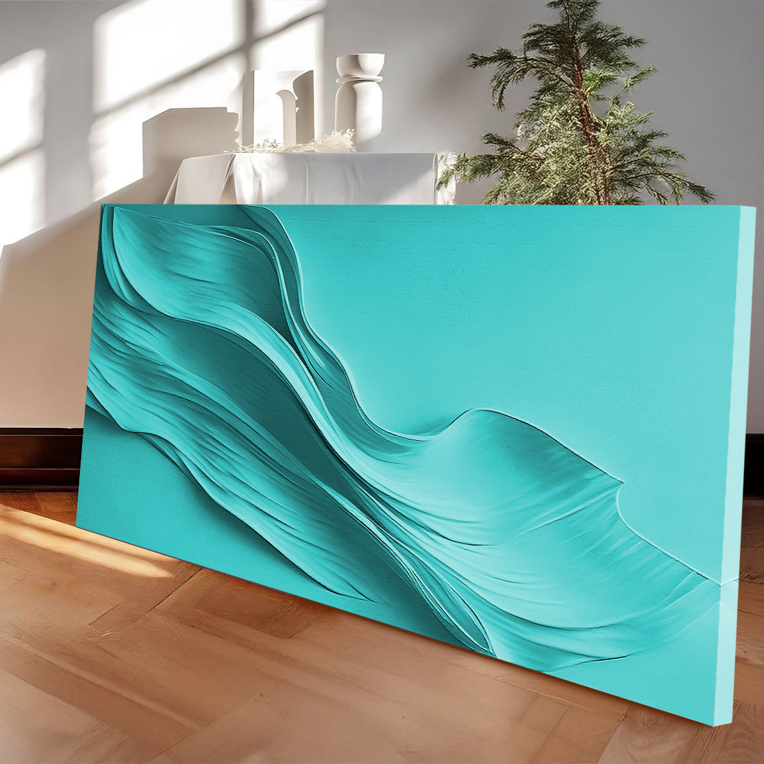 Turquoise Minimalist Wall Art canvas by Tailored Canvases crafting canvas with flowing wave on Tampa Home & Garden Store