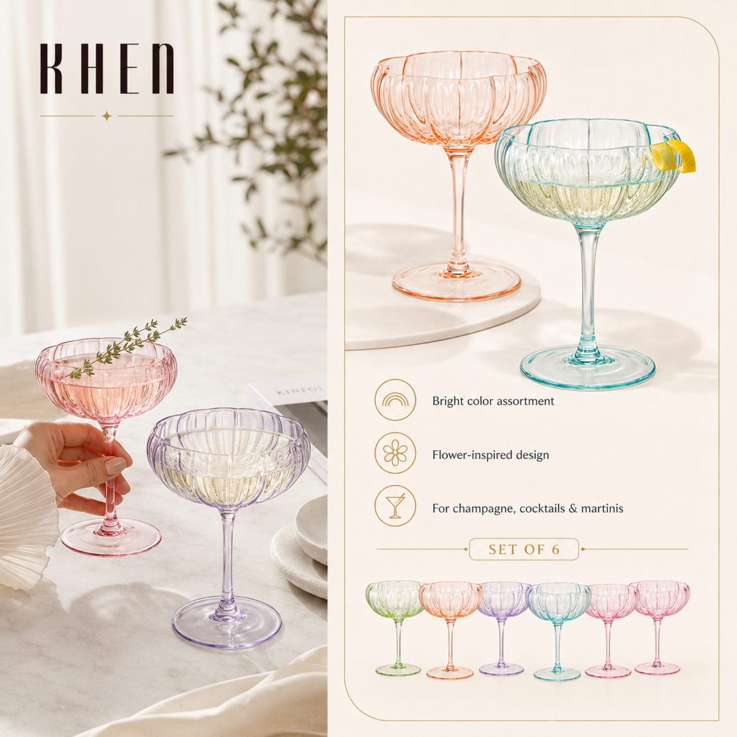Set of six bright flower coupe cocktail glasses