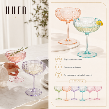 Set of six bright flower coupe cocktail glasses
