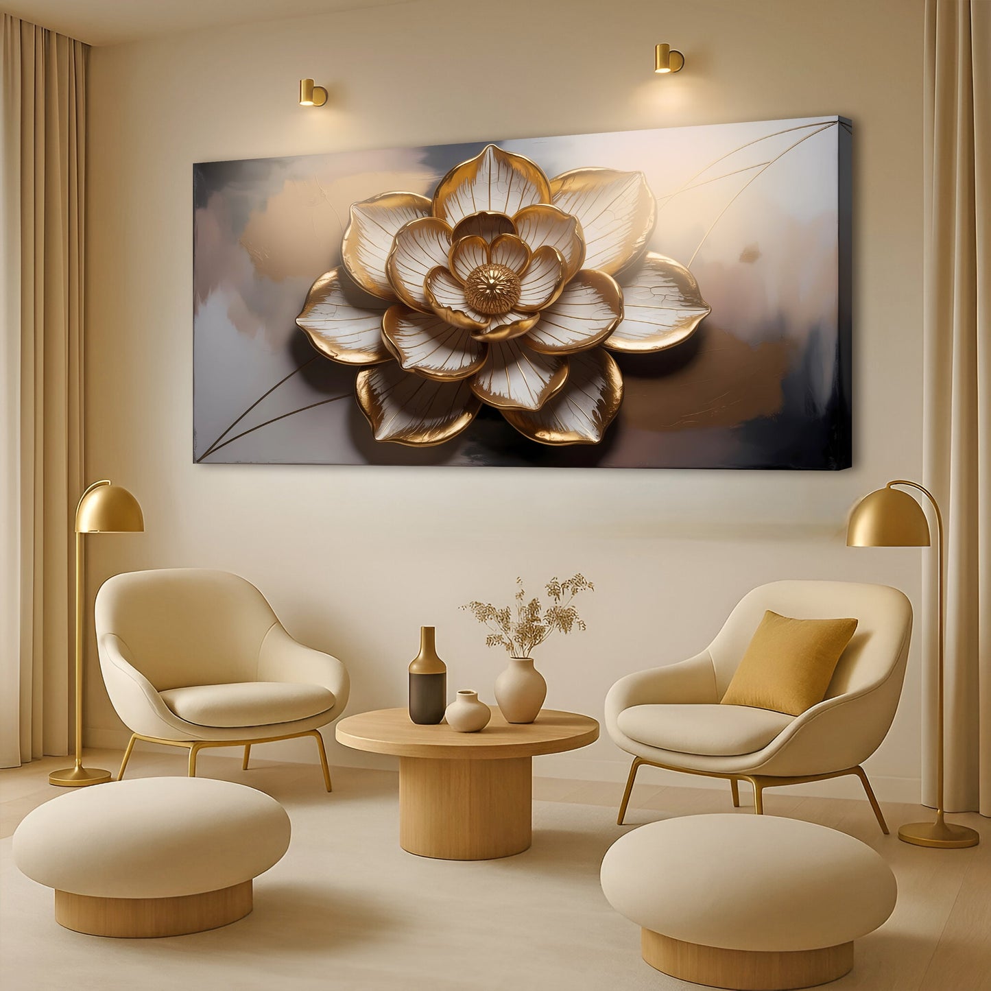 Golden Lotus minimalist abstract wall art on canvas by Tailored Canvases with a gold flower on Tampa Home & Garden Store