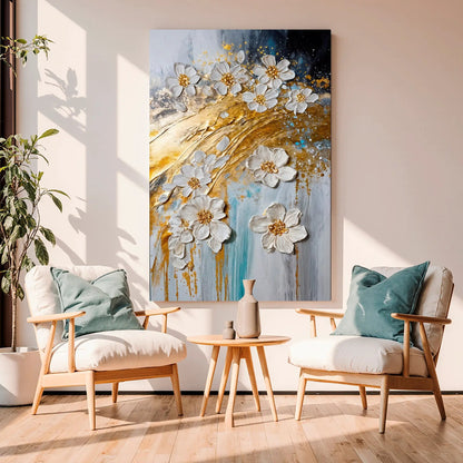 Abstract Gold Floral Wall Art canvas Tailored Canvases with white flowers on Tampa Home & Garden Store