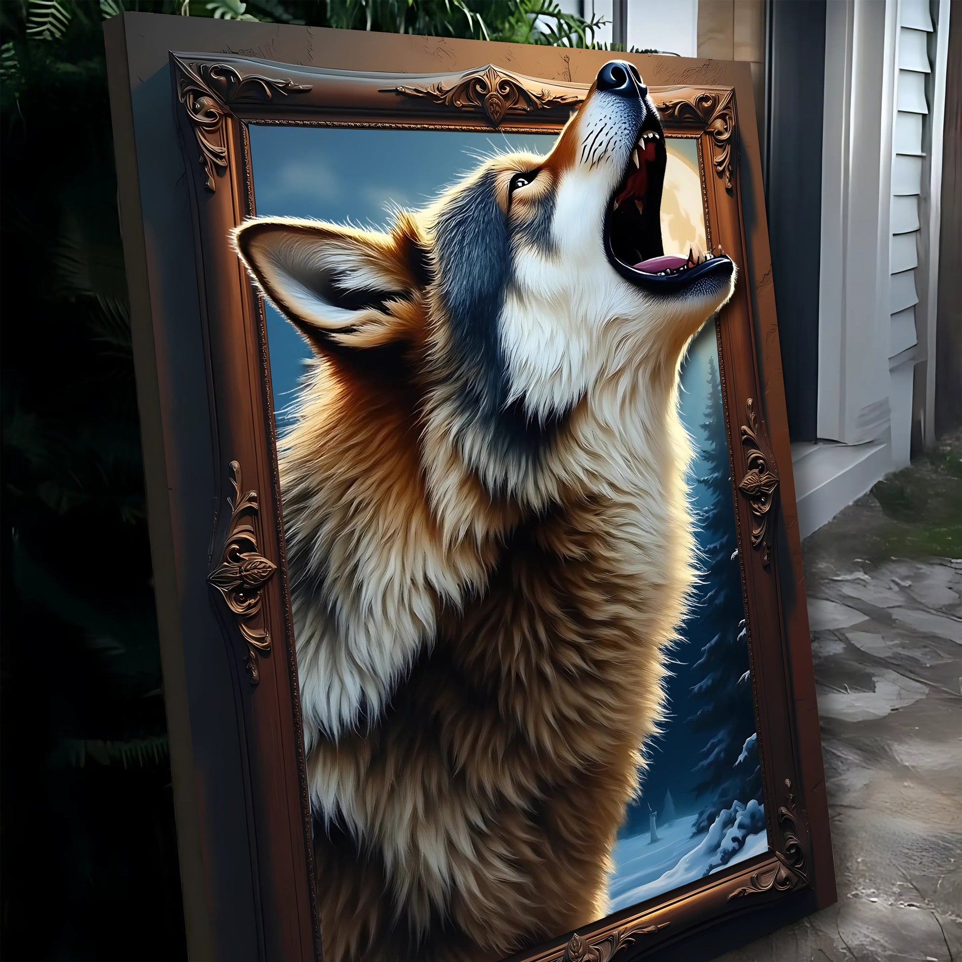 3D Wolf Wall Art canvas by Tailored Canvases; bronze frame Crafting Canvas with howling wolf on Tampa Home & Garden Store