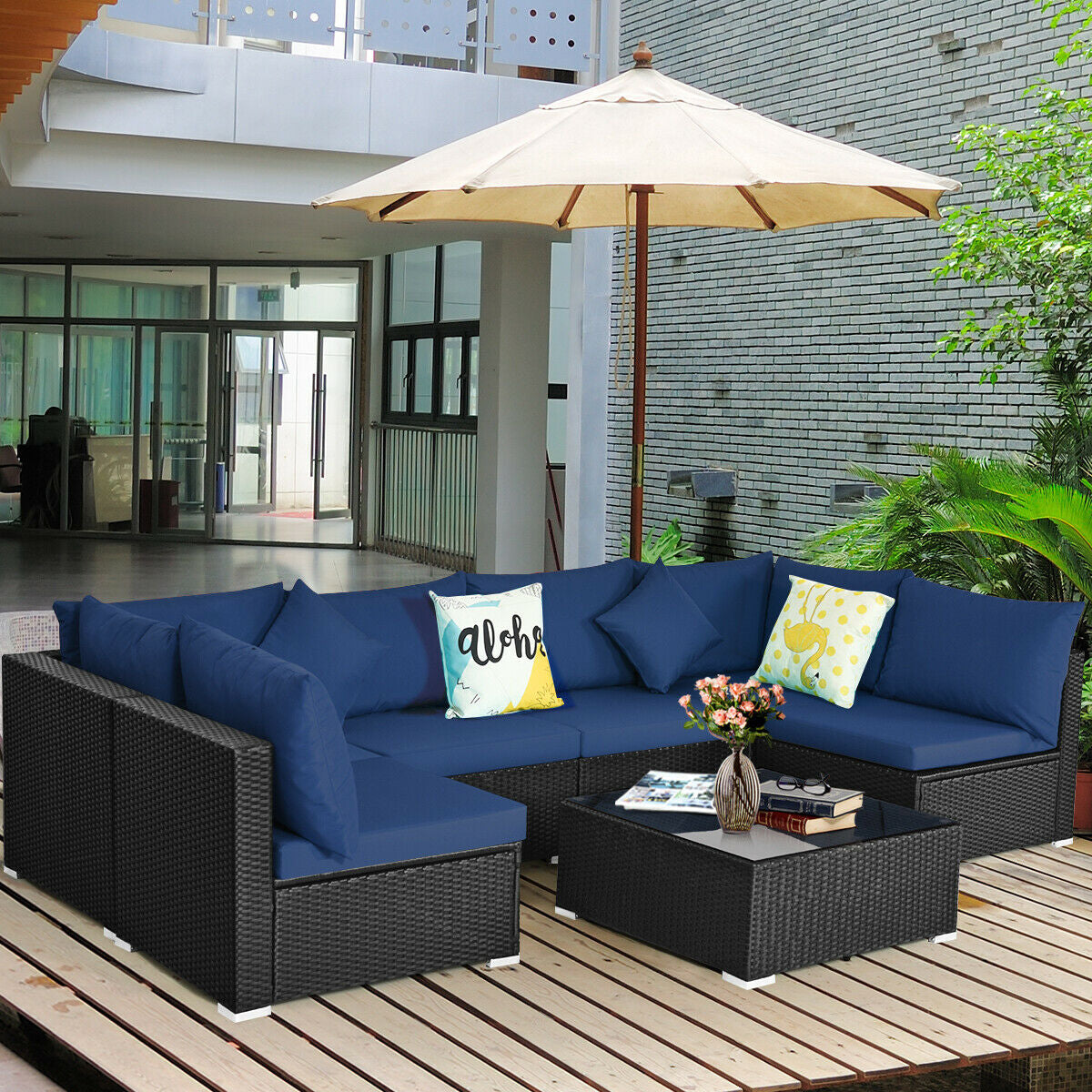 Juego de Sofá Seccional Exterior de 7 Piezas de Ratán para Patio con Tapa de Cristal Templado - Azul Marino