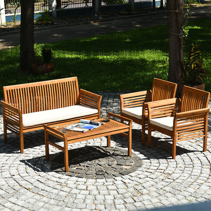 Juego de muebles de sofá de madera de acacia para exterior de 4 piezas
