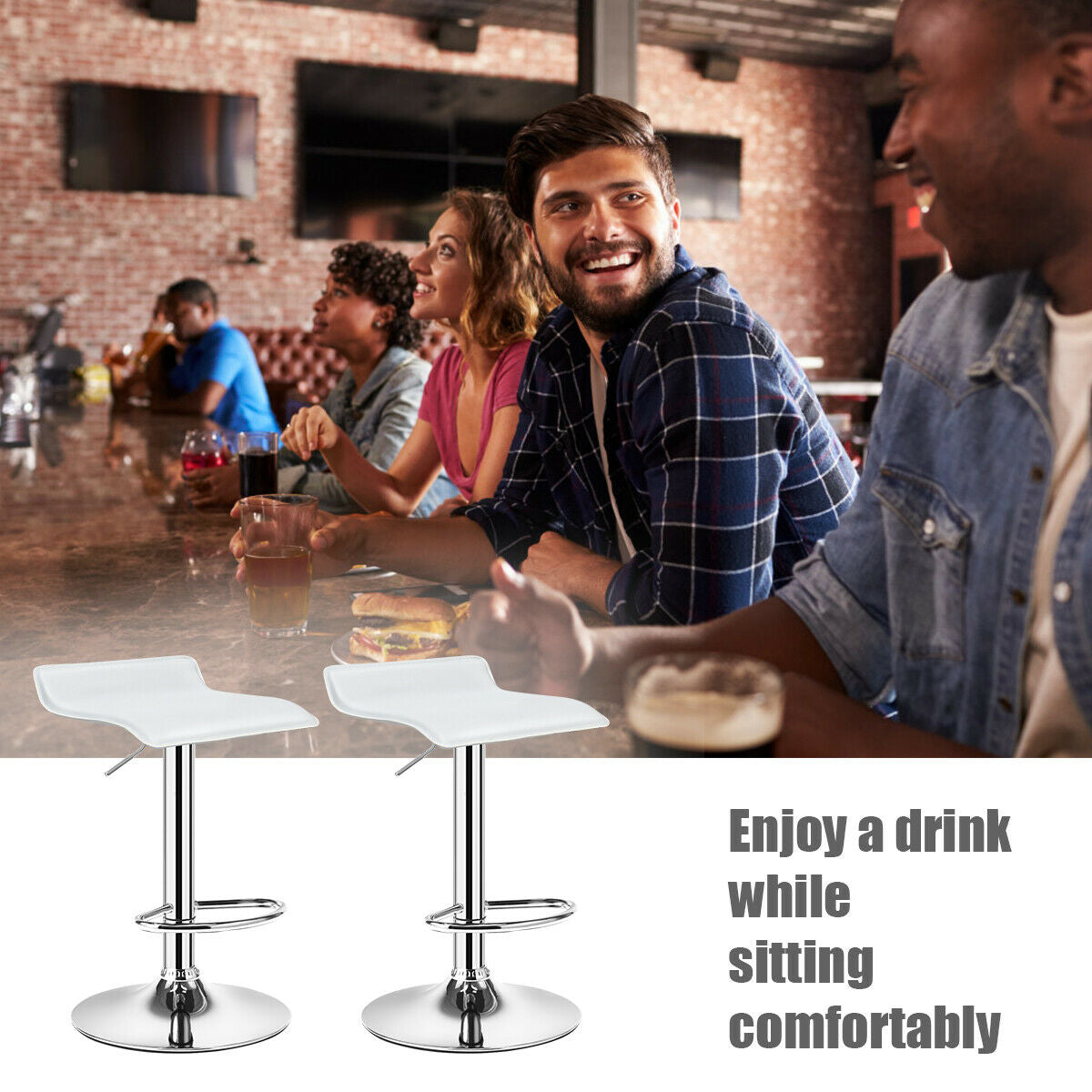 Juego de 2 taburetes de bar sin respaldo de cuero sintético ajustables - Blancos
