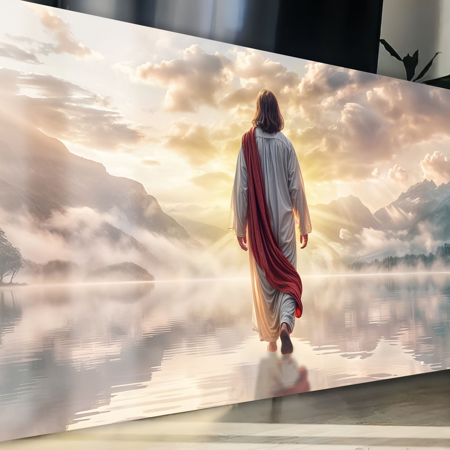 Reflections Faith Wall Art II canvas by Tailored Canvases, robed figure amid sunlit mountains on Tampa Home & Garden Store