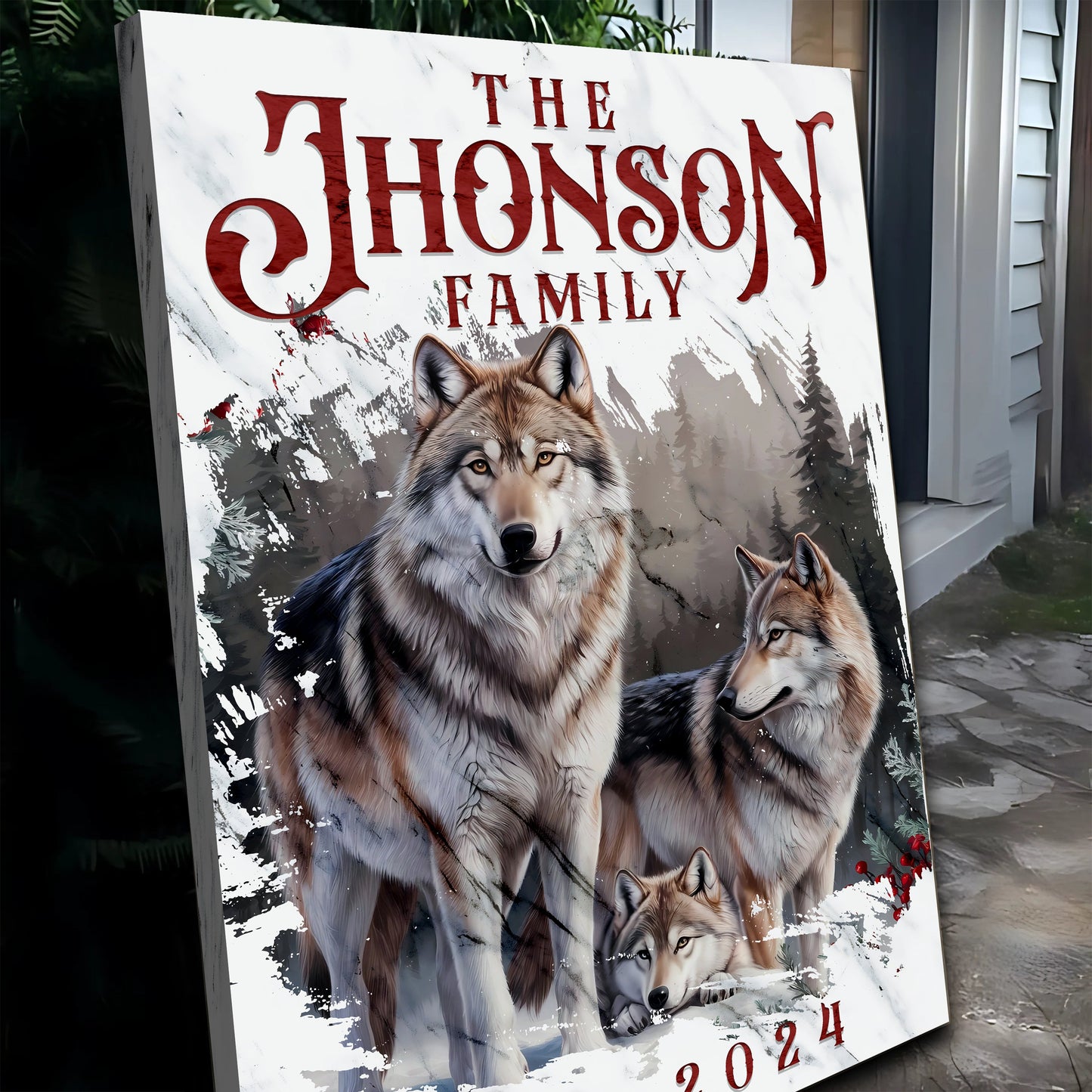 Personalized Wolf Family Canvas by Tailored Canvases with red surname lettering and wolf image on Tampa Home & Garden Store
