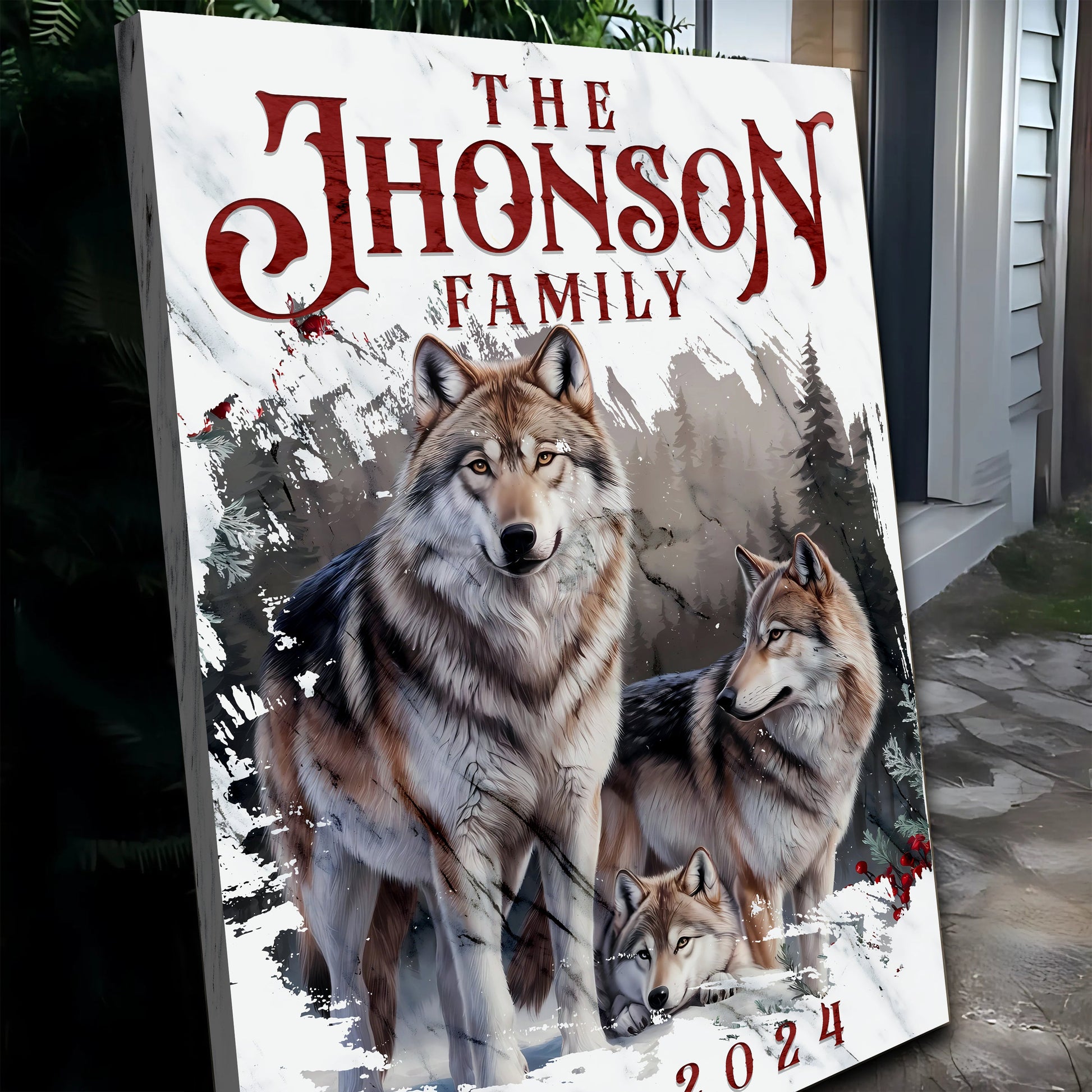 Personalized Wolf Family Canvas by Tailored Canvases with red surname lettering and wolf image on Tampa Home & Garden Store
