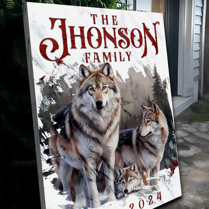Personalized Wolf Family Canvas by Tailored Canvases with red surname lettering and wolf image on Tampa Home & Garden Store