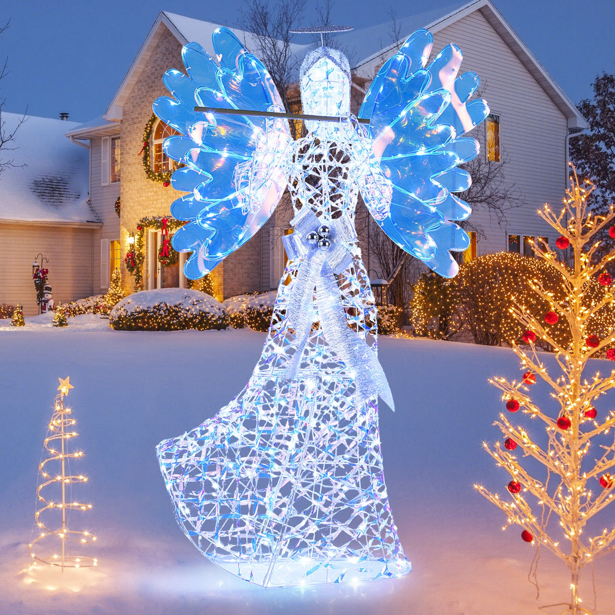 5.2 ft Lighted Angel Christmas Decoration DirectDeals with glitter halo and blue wings on Tampa Home & Garden Store