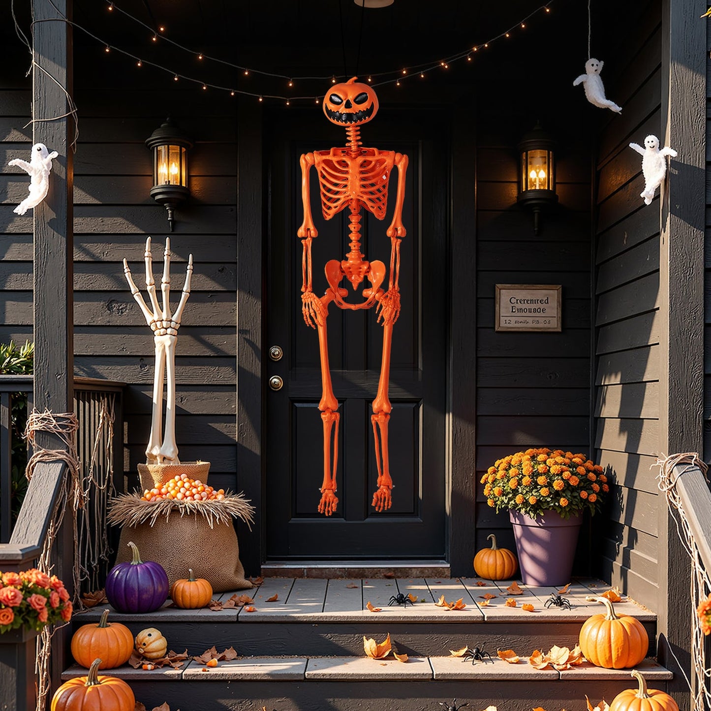 5.2 ft orange life-size poseable Halloween skeleton with pumpkin head and movable joints on Tampa Home & Garden Store