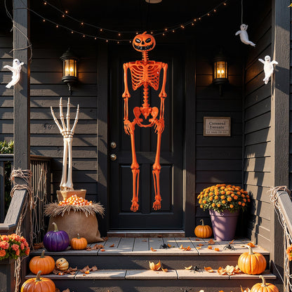 5.2 ft orange life-size poseable Halloween skeleton with pumpkin head and movable joints on Tampa Home & Garden Store