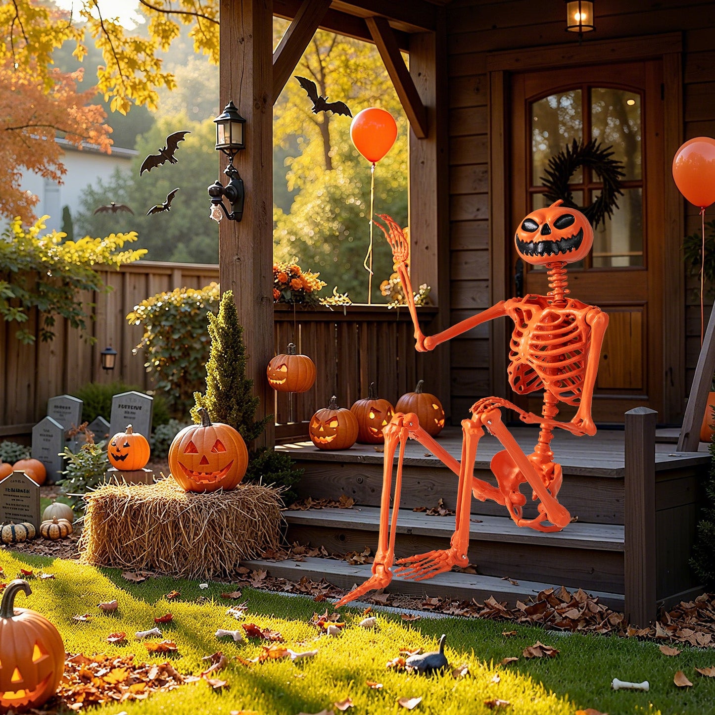 DirectDeals 5.2 ft orange poseable Halloween skeleton with pumpkin head and movable joints on Tampa Home & Garden Store