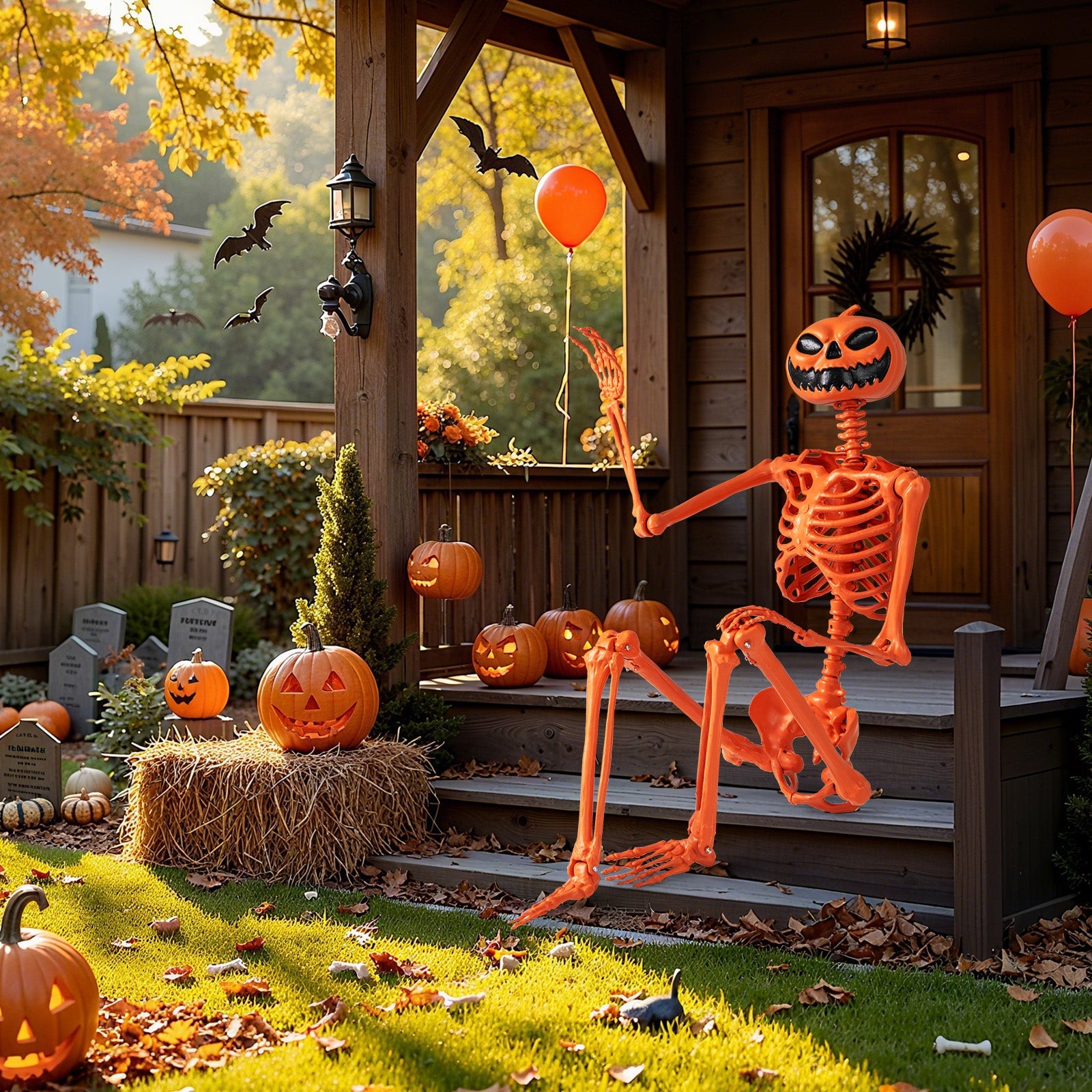 DirectDeals 5.2 ft orange poseable Halloween skeleton with pumpkin head and movable joints on Tampa Home & Garden Store