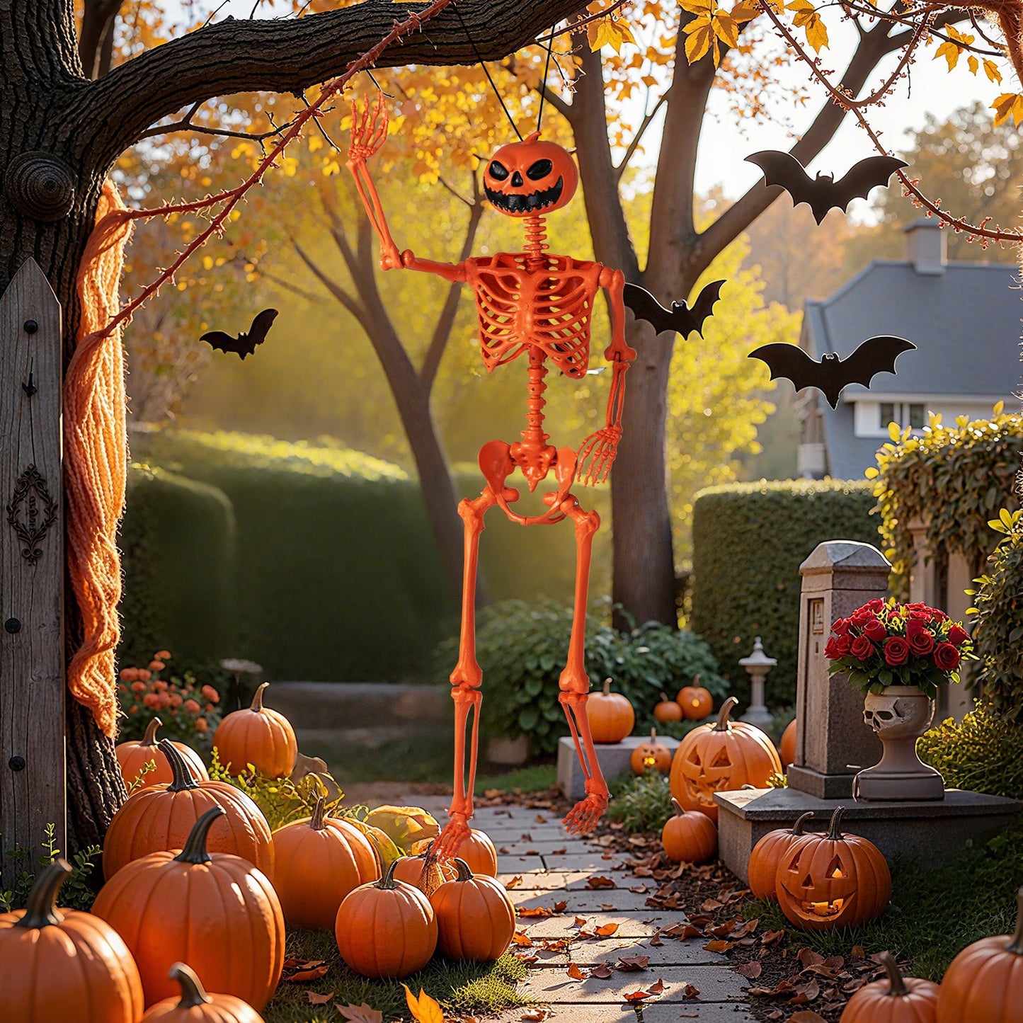 5.2 ft orange life-size poseable Halloween skeleton with pumpkin head DirectDeals on Tampa Home & Garden Store