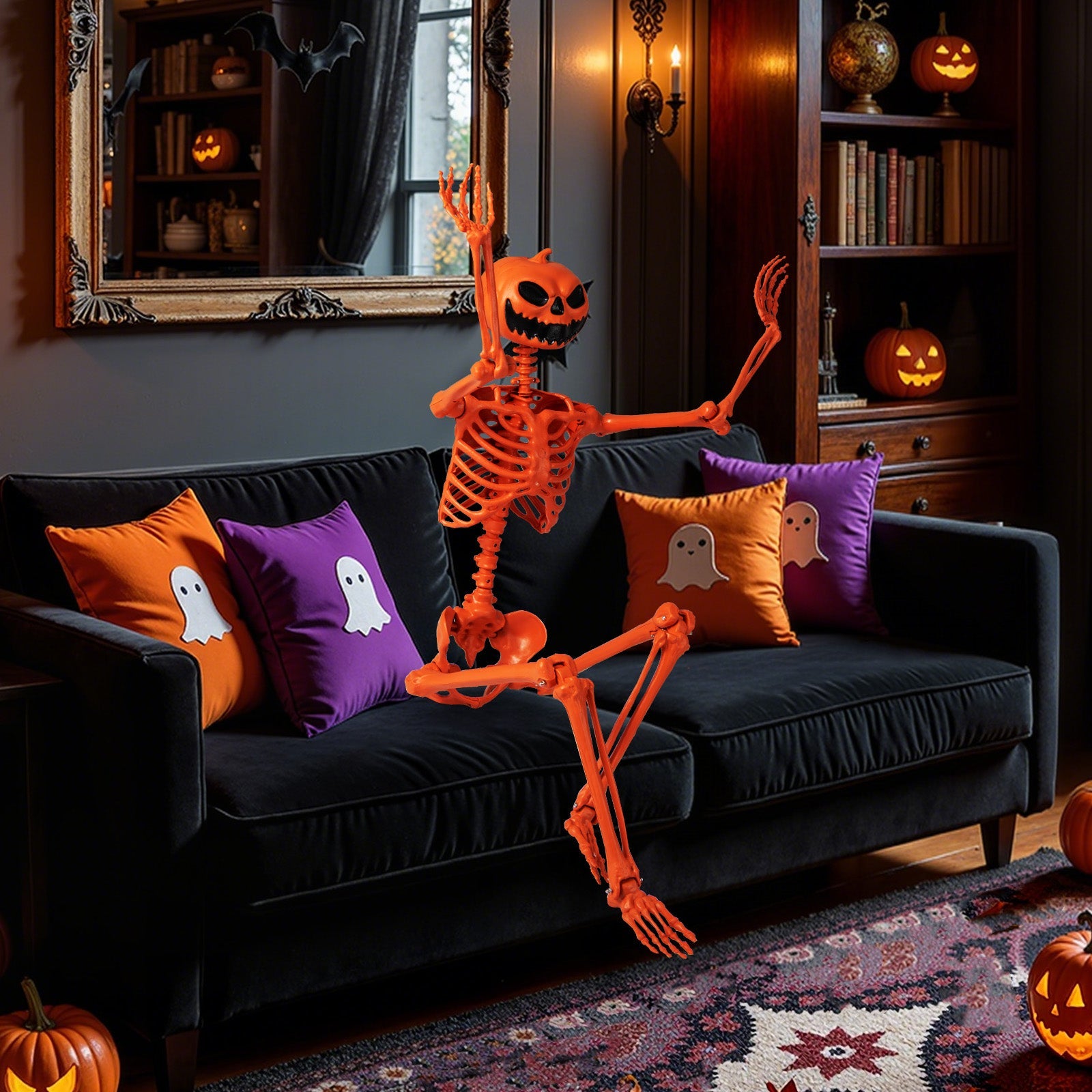 5.2 ft orange life-size poseable skeleton with pumpkin head and movable joints on sofa on Tampa Home & Garden Store