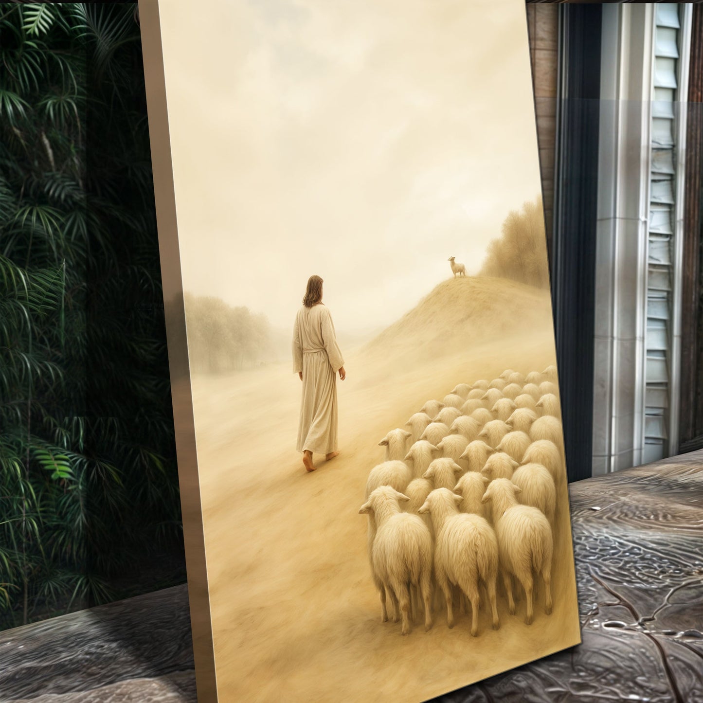 99 Faith Wall Art III canvas by Tailored Canvases beige pastoral scene with woman and sheep on Tampa Home & Garden Store